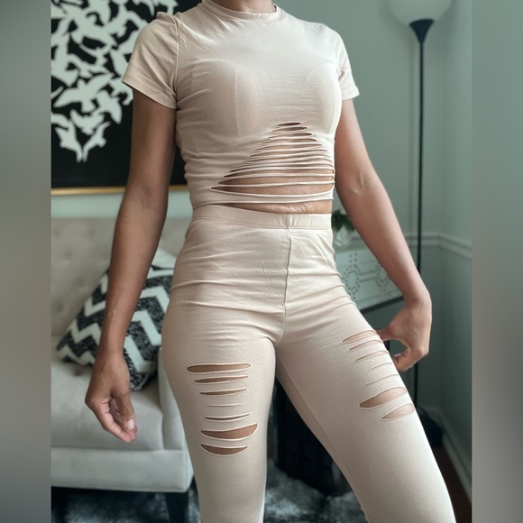 Fashion Nova Taupe Bianca Distressed Legging Set - Picture 6 of 11